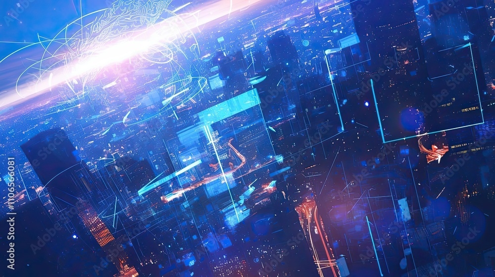 Futuristic Cityscape Illuminated With Digital Overlays Futuristic Cityscape Illuminated With Digital Overlays