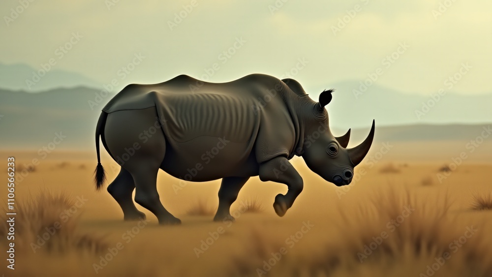 Fototapeta premium A dynamic image of a rhinoceros in motion, capturing its strength and power as it moves through the wild, emphasizing its natural grace despite its size.