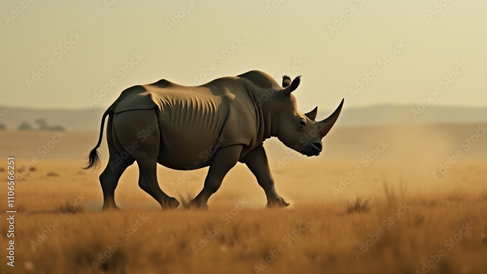 Fototapeta premium A dynamic image of a rhinoceros in motion, capturing its strength and power as it moves through the wild, emphasizing its natural grace despite its size.