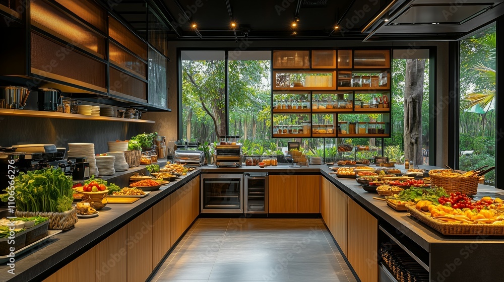 Modern Hotel Kitchen with Breakfast Buffet Display Modern Hotel Kitchen with Breakfast Buffet Display