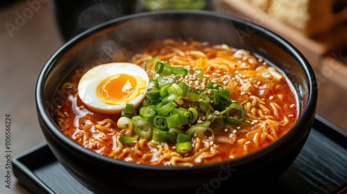 A bowl of spicy kimchi ramen garnished with sliced green onions and a soft-boiled egg, Kimchi ramen bowl centered, Soft diffused lighting accentuating its steamy broth