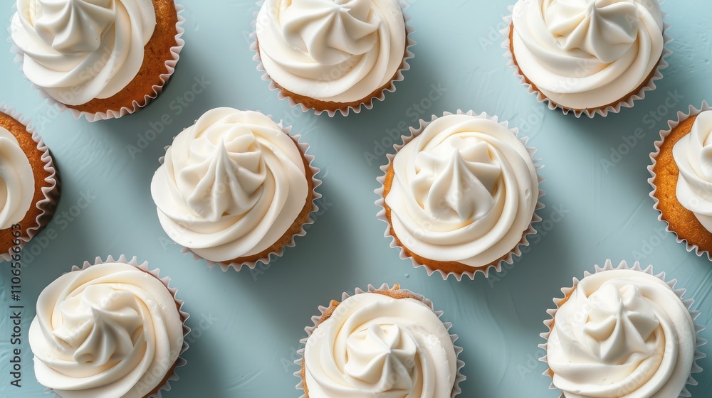 White frame cupcakes on blue surface, viewed from above. White frame cupcakes on blue surface, viewed from above.