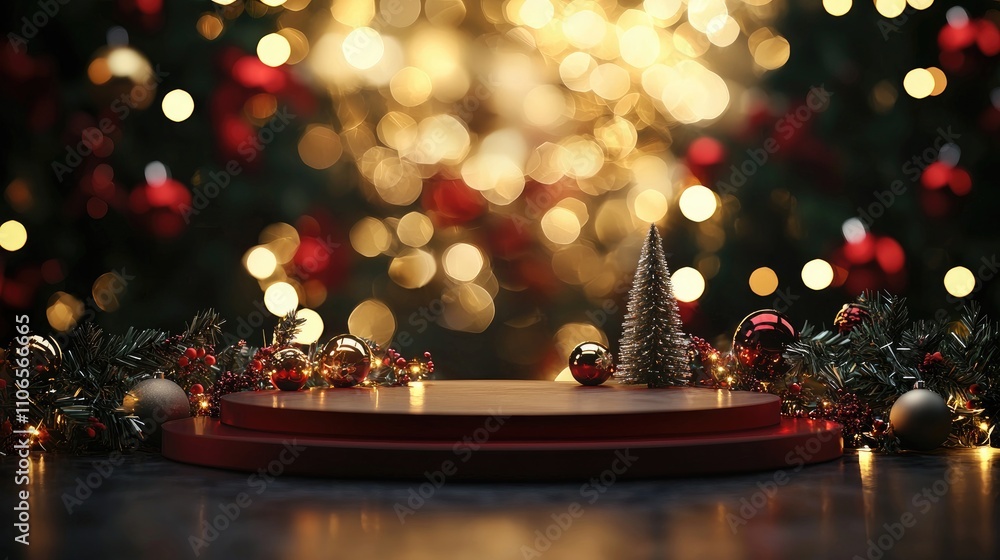 Festive Christmas Display with Wooden Platform and Bokeh Lights Festive Christmas Display with Wooden Platform and Bokeh Lights