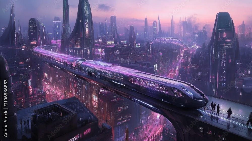 futuristic megacity at dusk, with massive, curved buildings and interconnected sky bridges. The city glows with a mix of neon blues and purples, and the streets below are bustling with people. futuristic megacity at dusk, with massive, curved buildings and interconnected sky bridges. The city glows with a mix of neon blues and purples, and the streets below are bustling with people.