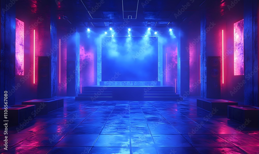 Naklejka premium Neon Club Atmosphere, A futuristic performance space bathed in neon blue light
