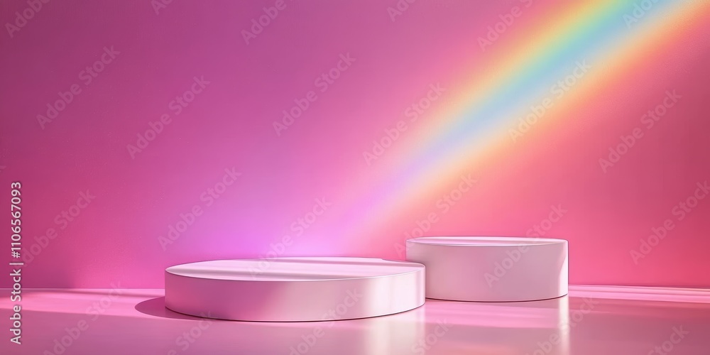 White Cylindrical Platforms on Pink Gradient Background with Rainbow Light and Shadows for Cosmetic Mockup White Cylindrical Platforms on Pink Gradient Background with Rainbow Light and Shadows for Cosmetic Mockup