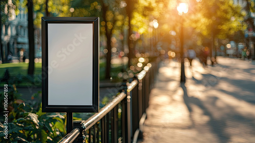 Empty signboard in sunny park with blurred background and shadows