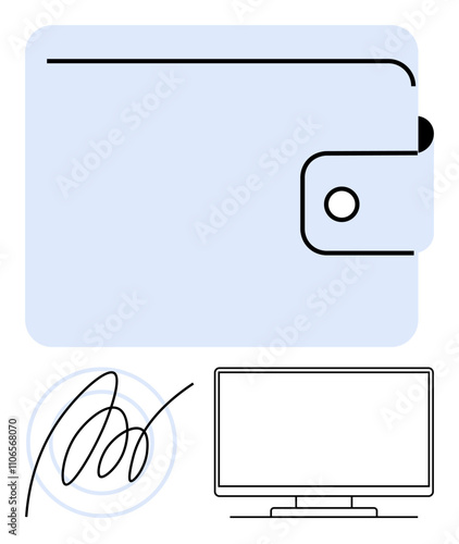 Large digital wallet, electronic signature, and computer screen suggest secure transactions, e-commerce, and digital finance. Ideal for cybersecurity, fintech, banking, e-commerce digital identity