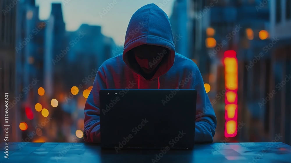 A hooded figure sits in front of a laptop with a city background. A hooded figure sits in front of a laptop with a city background.