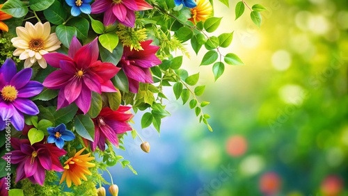 Beautiful Isolated Frame of Creeper Flowers with Vibrant Petals and Lush Green Foliage on the Left Side Against a Soft White Background for Nature-Themed Designs