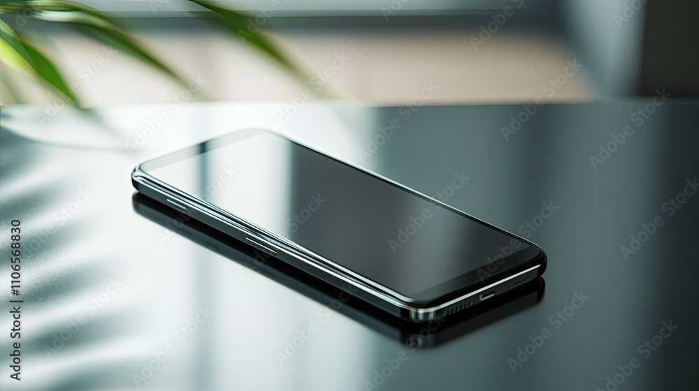 Sleek smartphone on reflective surface in modern setting Sleek smartphone on reflective surface in modern setting