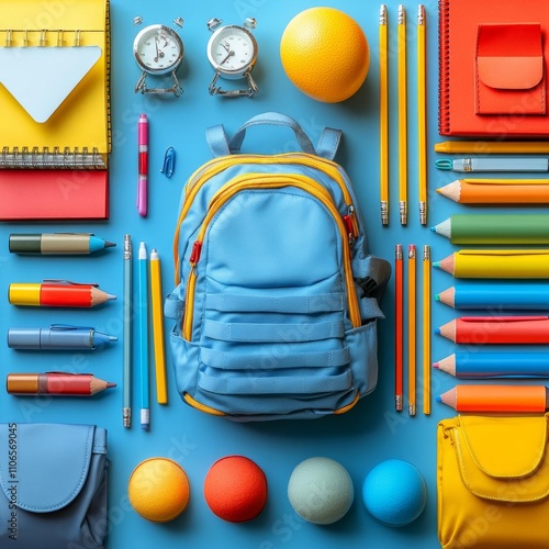 photostock of Supplies and accessories for school on geometric table top. Minimal colors background for school. Kids studies accessories , isolated on white background photo