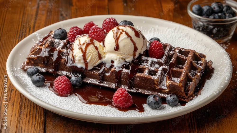 Delicious Chocolate Waffles with Ice Cream and Fresh Berries Delicious Chocolate Waffles with Ice Cream and Fresh Berries