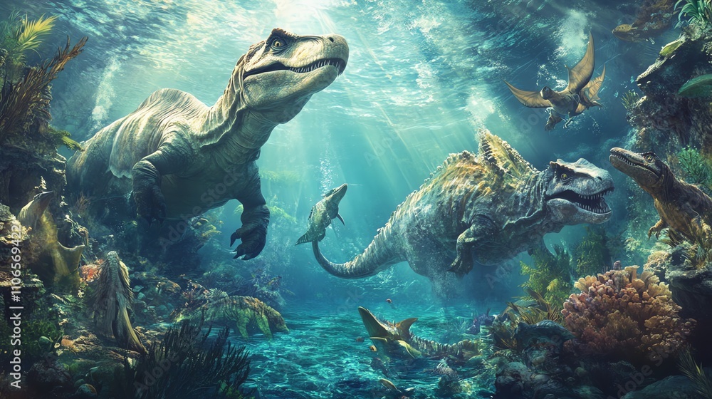 Fototapeta premium A scene of dinosaurs swimming underwater in a coral reef.