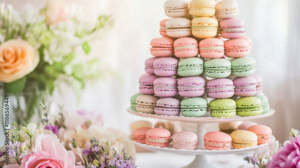 A colorful array of freshly baked macarons in assorted flavors such as raspberry, pistachio, and lavender A colorful array of freshly baked macarons in assorted flavors such as raspberry, pistachio, and lavender