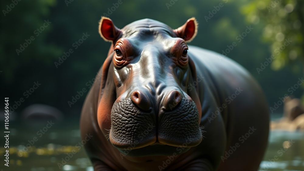Fototapeta premium A powerful close-up of a hippopotamus, showcasing its iconic features like the large mouth and sharp teeth, emphasizing its strength and presence.