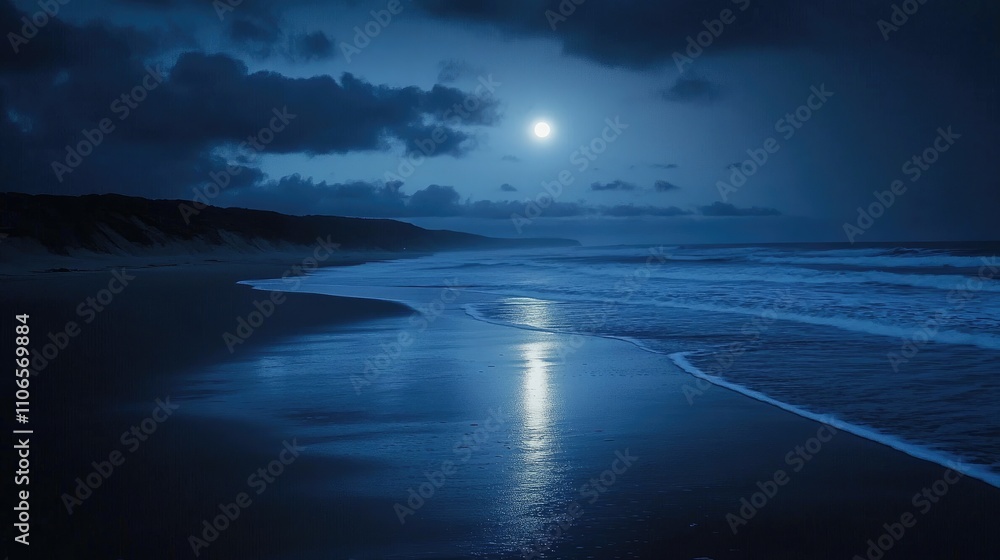 Fototapeta premium Serene Night Beach Scene with Moonlight and Gentle Waves