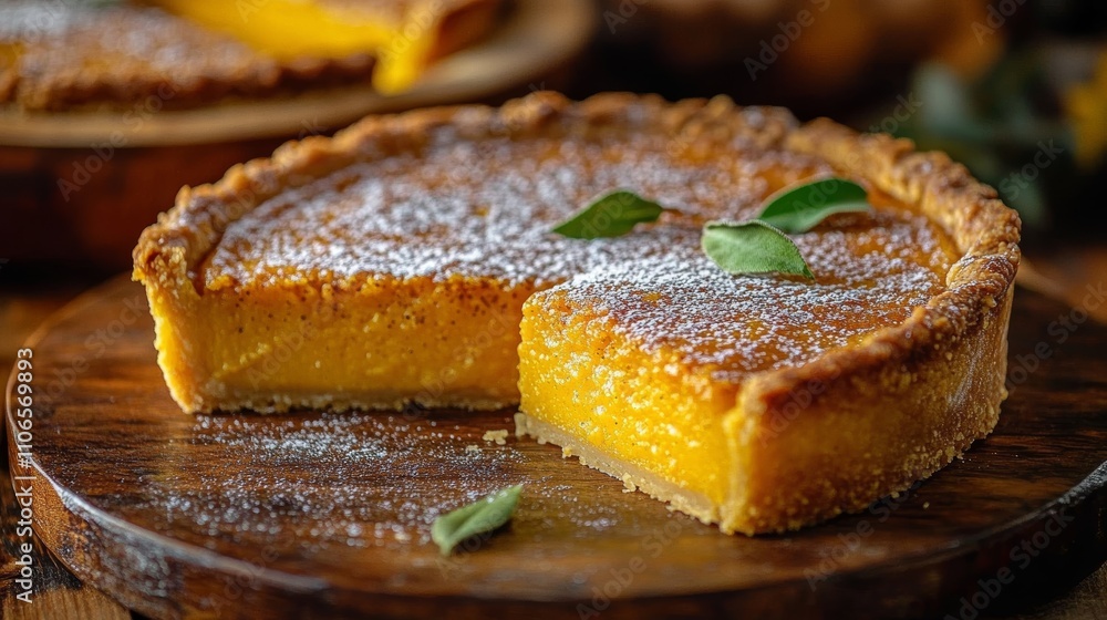 Freshly Baked Pumpkin Pie on Rustic Wooden Table with Flaky Crust and Powdered Sugar Freshly Baked Pumpkin Pie on Rustic Wooden Table with Flaky Crust and Powdered Sugar