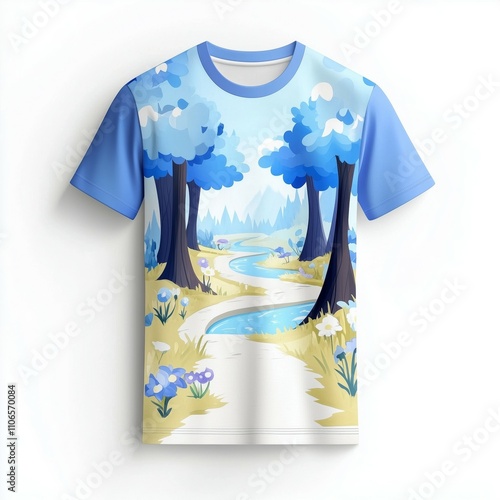 Colorful T-Shirt Design with Forest and River Scene photo