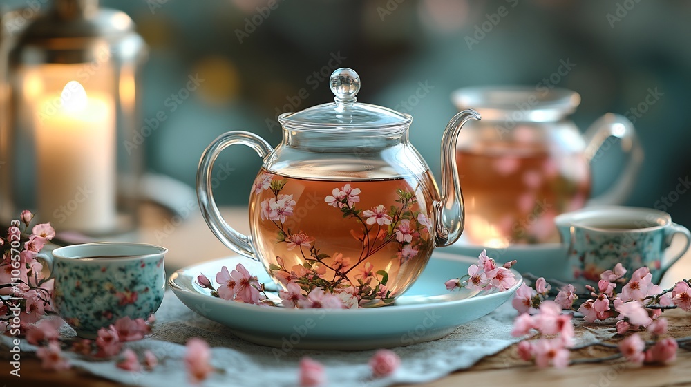 Delicate brew setup with floral cups surrounded by soft lighting and feminine touches Delicate brew setup with floral cups surrounded by soft lighting and feminine touches