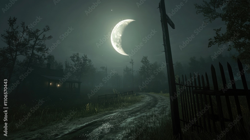 Eerie Night Scene with Moonlight and Fog Over a Dirt Road Eerie Night Scene with Moonlight and Fog Over a Dirt Road