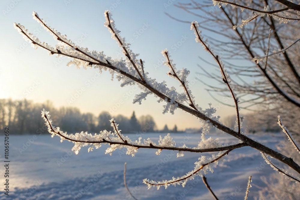 Close-up shot of ice crystals forming on a bare winter branch in the cold morning sun, morning light, microscopic world, winter branch, crystalline structure Close-up shot of ice crystals forming on a bare winter branch in the cold morning sun, morning light, microscopic world, winter branch, crystalline structure