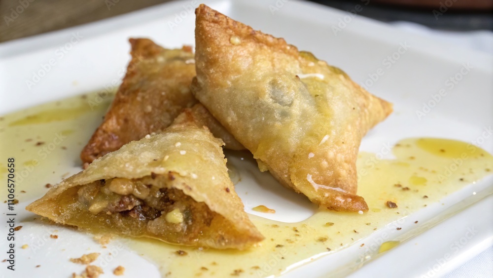 Close-up shot of keema samosa with melted butter on a white surface, melted butter, fried keema samosa, savory food, vegetable oil Close-up shot of keema samosa with melted butter on a white surface, melted butter, fried keema samosa, savory food, vegetable oil