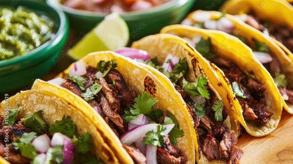 A colorful array of Mexican street tacos filled with grilled carne asada, onions, and cilantro A colorful array of Mexican street tacos filled with grilled carne asada, onions, and cilantro