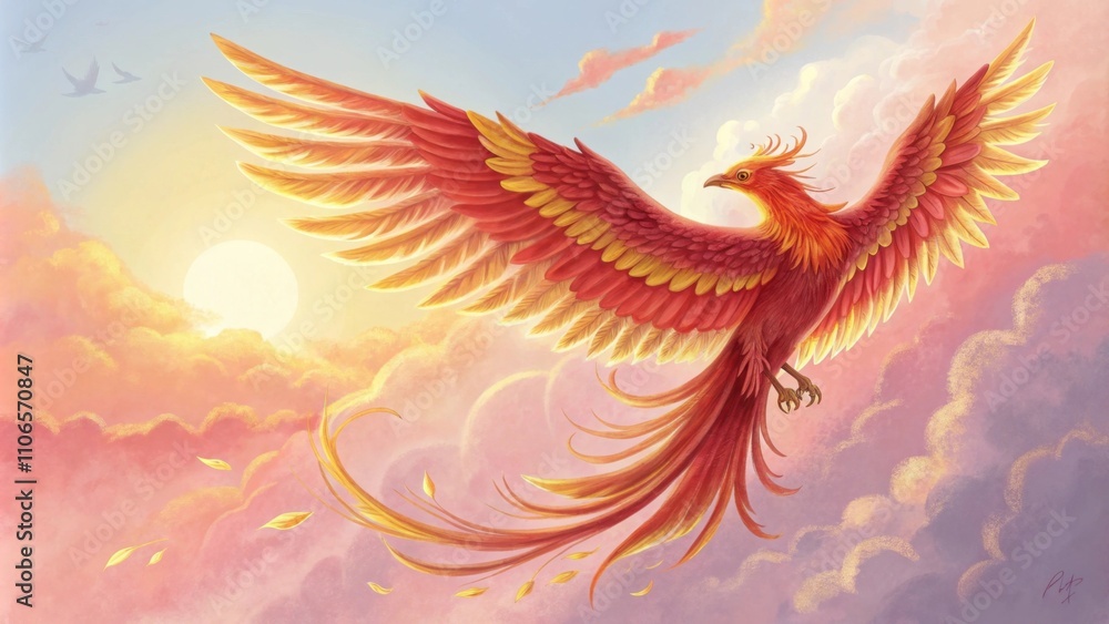 Obraz premium Vibrant Awakening A magnificent phoenix its feathers a fiery blend of crimson orange and gold soars through a canvas of pastel pinks and soft yellows as the sun begins to rise. The