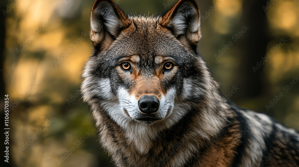 A wolf with piercing amber eyes stares directly at the camera with a blurred forest background. A wolf with piercing amber eyes stares directly at the camera with a blurred forest background.