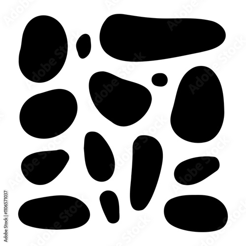 Random organic blobs, Random blots, ink blots, Spot shapes. Splash, spot chart. A drop of liquid, liquid. Pebbles, stone silhouettes.
