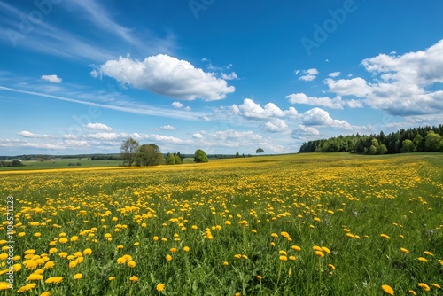 Field of Golden Dandelions under a Bright Blue Sky, bright blue sky, sunflower field, yellow petals, sunny day, green grass