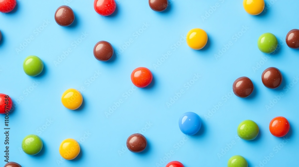 Colorful candy balls arranged in a pattern on a light blue background. Colorful candy balls arranged in a pattern on a light blue background.