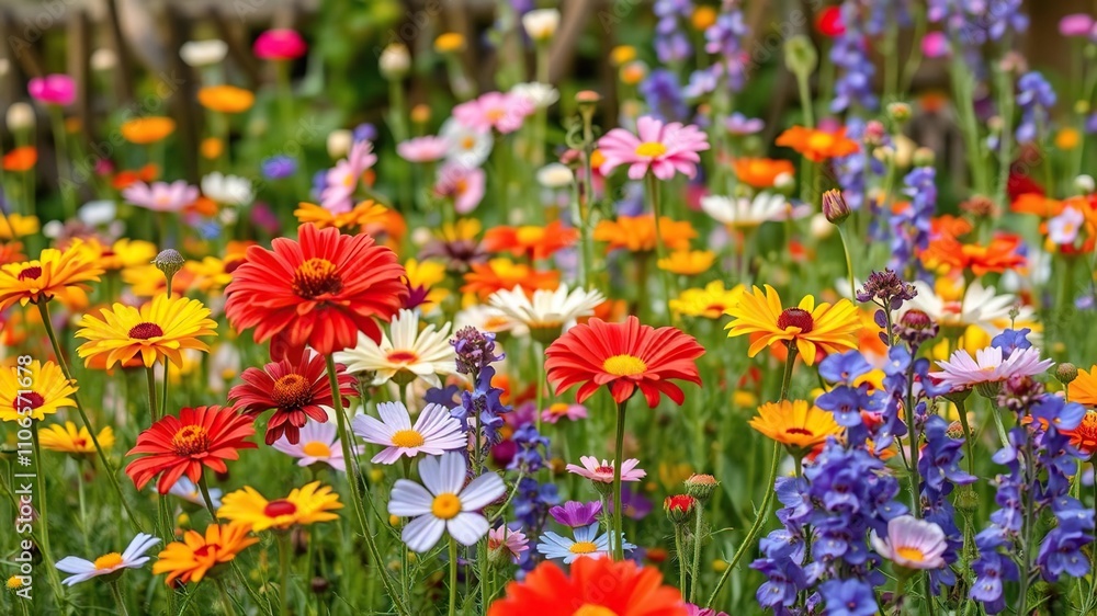 garden of spring wildflowers bursting with color, petals, wildflowers, blooms garden of spring wildflowers bursting with color, petals, wildflowers, blooms