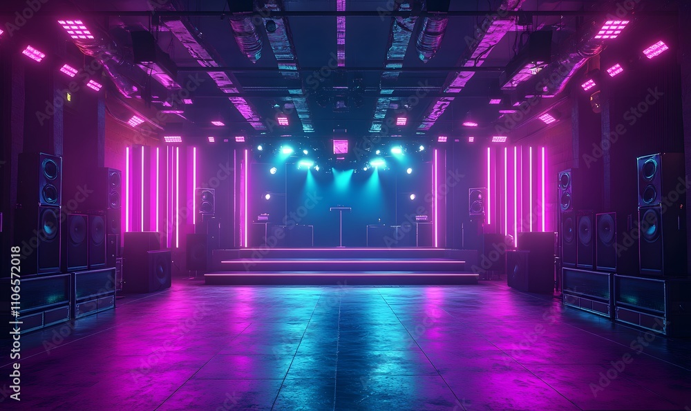 Fototapeta premium A 3D rendering of a vibrant synthwave club with neon purple and blue lights