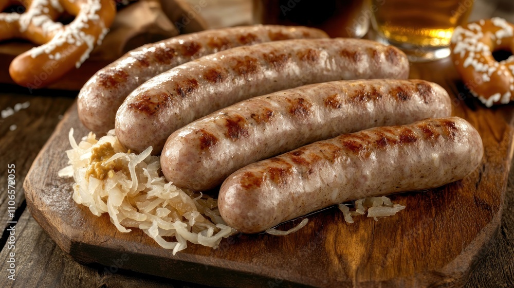 German bratwurst sausages with sauerkraut and mustard, served on a rustic wooden plate with pretzels and beer German bratwurst sausages with sauerkraut and mustard, served on a rustic wooden plate with pretzels and beer