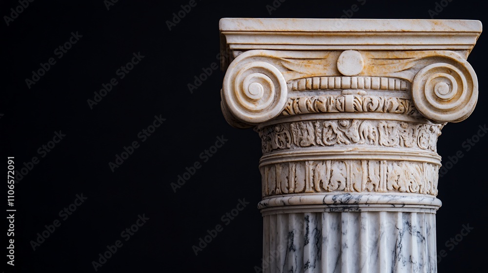 Close-up of an ornate, classical column capital and shaft against a black background. Close-up of an ornate, classical column capital and shaft against a black background.