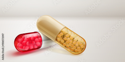 Translucent red and beige capsules with soft shadows, filled with smal medicine granules inside, lying on a white surface