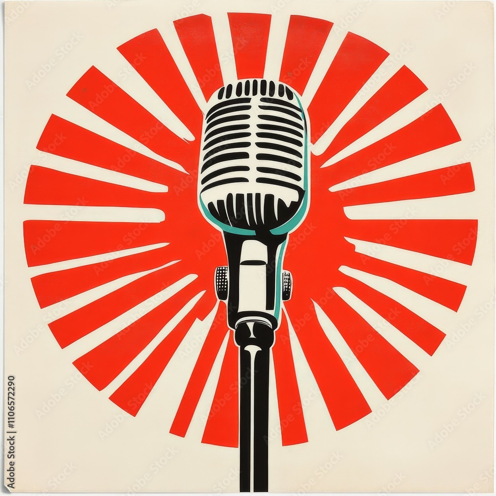 Retro Microphone with Red Sunburst Background Retro Microphone with Red Sunburst Background