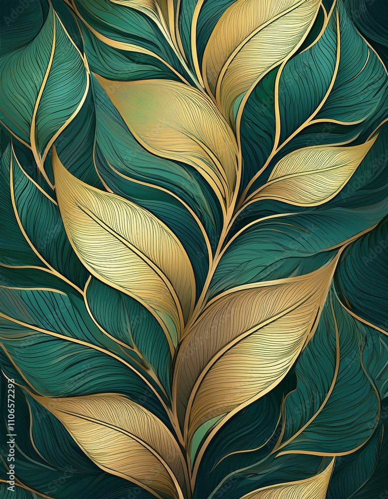 Luxurious gold and teal leaves pattern. Elegant botanical design. Luxurious gold and teal leaves pattern. Elegant botanical design.