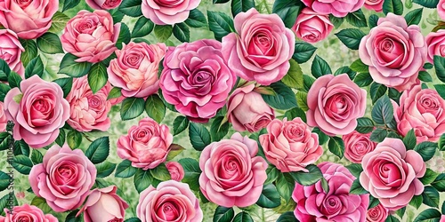 Beautiful Panoramic Photography of Pink Roses in Bloom Creating an Elegant Floral Pattern Design Perfect for Home Decor and Elegant Invitations