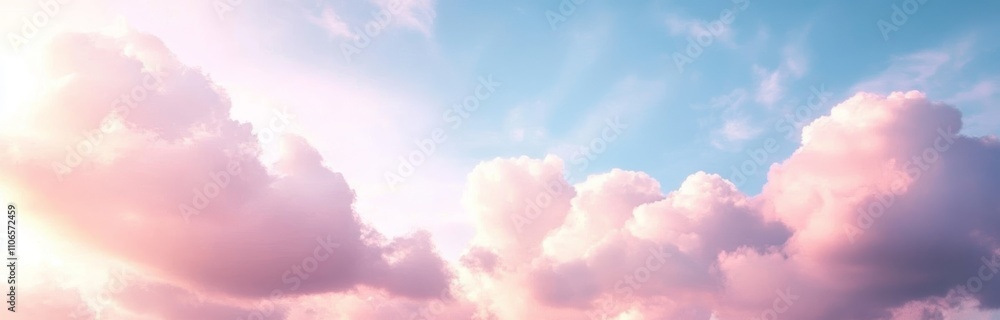 Fototapeta premium Peaceful pastel-colored sky with fluffy pink and white clouds against a soft blue background