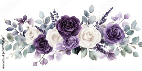 Fototapeta Naklejka Na Ścianę i Meble -  Watercolor floral arrangement with purple and white roses lavender eucalyptus natural botanical illustration for wedding invitations backgrounds designs