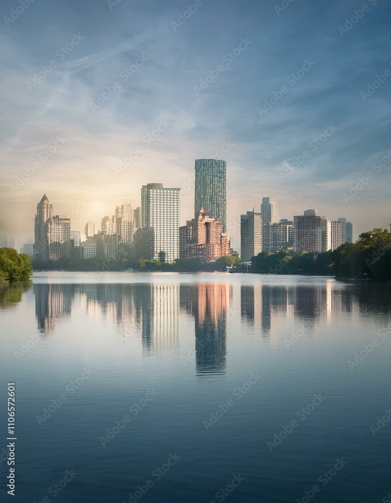 City skyline reflected in calm water at sunrise. City skyline reflected in calm water at sunrise.