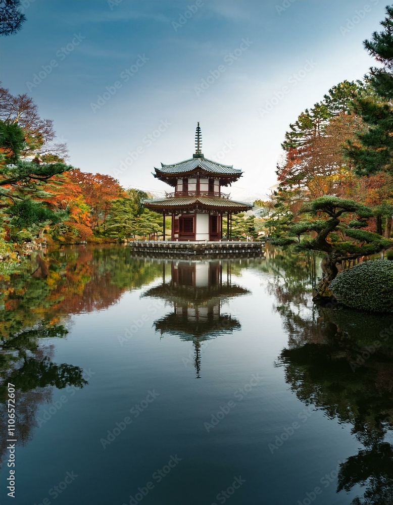 Serene autumn scene: Pagoda reflected in a calm pond. Serene autumn scene: Pagoda reflected in a calm pond.