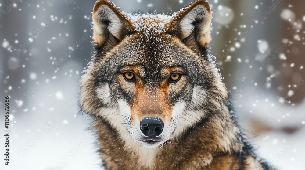 A wolf in a snowy forest looks directly at the camera. A wolf in a snowy forest looks directly at the camera.