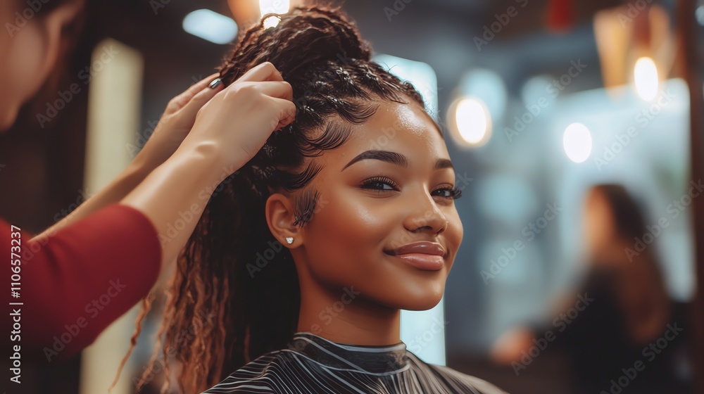 Fototapeta premium A woman with long braids is getting her hair done in a salon.
