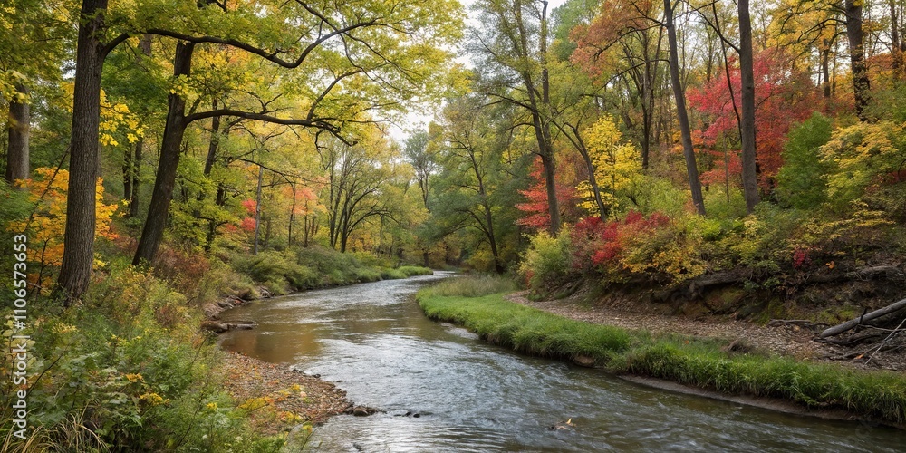 River meandering lazily through a shaded glade filled with tall trees and colorful foliage, natural beauty, colorful foliage