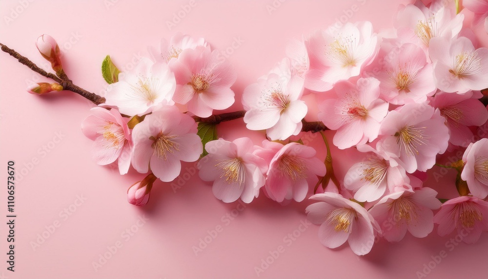Delicate pink cherry blossoms on a soft pink background. A springtime floral arrangement. Delicate pink cherry blossoms on a soft pink background. A springtime floral arrangement.