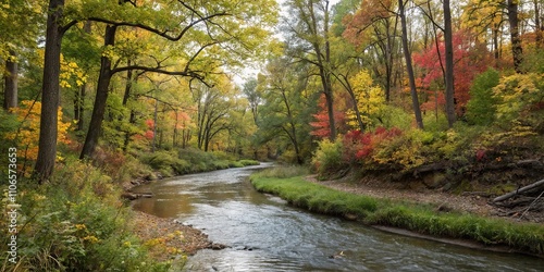 River meandering lazily through a shaded glade filled with tall trees and colorful foliage, natural beauty, colorful foliage